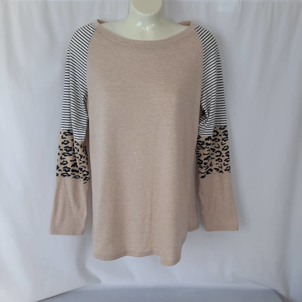 Yidarton Brand Leopard Print/Stripped Crewneck Khaki Pullover Top